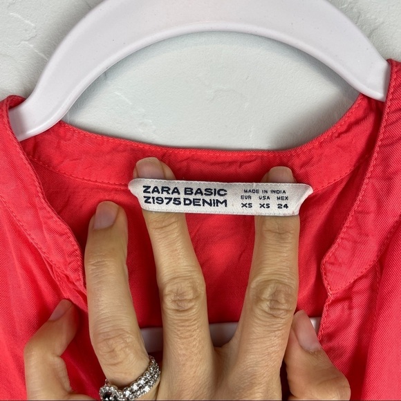 Zara Basic Button Front Shirt Dress With Frill Sleeves and Belt in Coral X-Small - Picture 3 of 7